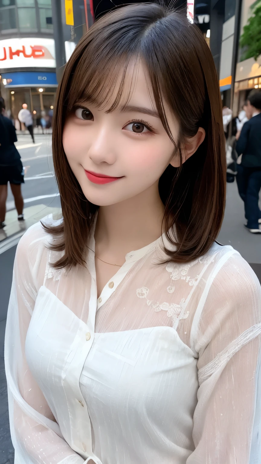 masterpiece, best quality, illustration, ultra-detailed, finely detailed, high resolution, 8K wallpaper, perfect dynamic composition, beautiful detailed eyes, summer blouse setup clothes, medium hair, small breasts, natural color lips, bold sexy poses, smile, Harajuku, 18 years old girl, cute, sexy shot, looking at camera