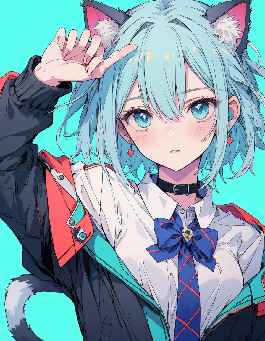 shirt, Denim points, whole body, ((masterpiece, Highest quality:1.5)), ((Beautiful and detailed cat aqua eyes:1.2)), Cat ear, Pale skin, Small breasts, Beautiful Hands, Beautiful fingers, Easy Negative