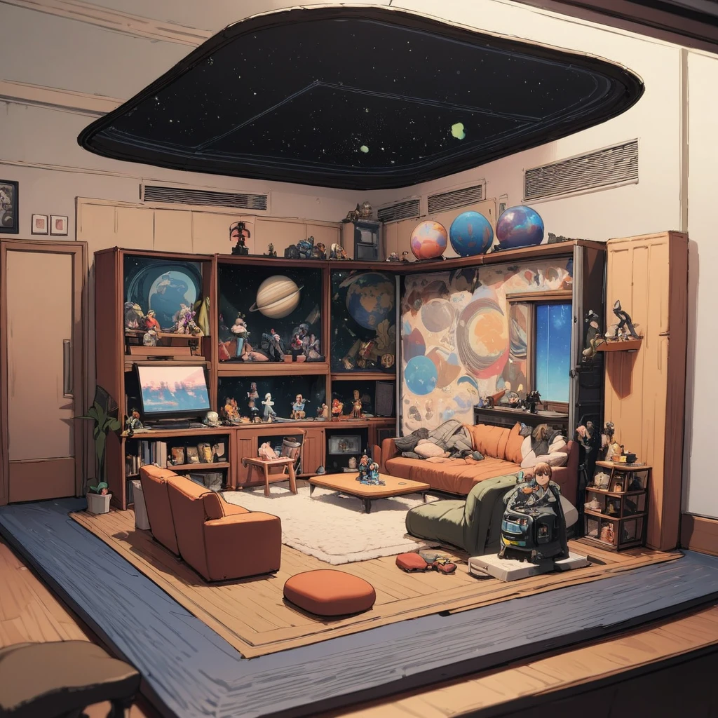 ((anime:1.4,figure)),(masterpiece, Highest quality, Highest quality),(Super detailed, The absolute solution),((16K, High resolution)), (((interior, Small living room, Planetarium on the entire ceiling,) ((cosy lofi figure:1.4)), ((anime:1.4, figure)),(masterpiece, Highest quality, Highest quality),(Super detailed, The absolute solution),((16K, High resolution)) break {Lofi Art, Laurie Griesley's style, Makoto Shinkai&#39;s Style, anime aesthetic}, break { (Generates images with over 40 million pixels of information with the detailed texture of films shot with Sony SLR cameras。).}