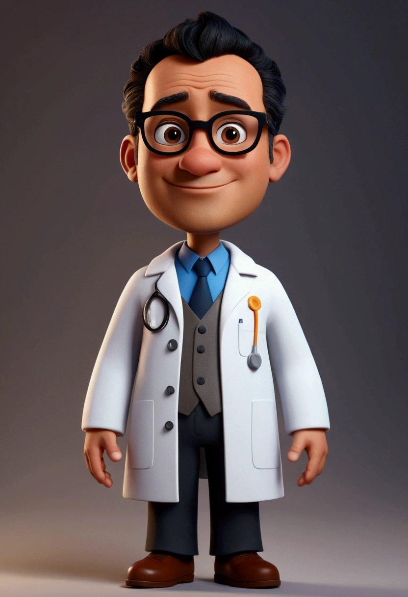 Cartoon character of a man with glasses, short and thin hair, cor do black hair with gray sides, black hair with gray sides, with entries, dark brownish brown skin, fat rounded oval face, approximately 34 years old, with an aged appearance, skin with pimple marks, animation character, wearing a labcoat, looking at a microscope, gray hair sides, stylized character, animation style rendering, 3d stylized, Arnold Maya rendering, Stylized 3D rendering, toon render screenshot, 3d character, 3d character, Stylized 3D rendering, 3D character rendering, cartoon character, Personagem de close up, character posing, (Pixar-style) (master part:1.2) (bokeh) (best qualityer) (skin detailed) (detailed texture) (8K) (Argilla) (cinematic lighting) (sharp focus) True to description,