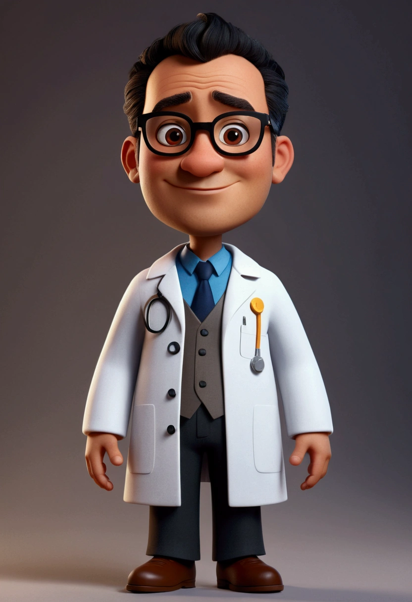 Cartoon character of a man with glasses, short and thin hair, cor do black hair with gray sides, black hair with gray sides, with entries, dark brownish brown skin, fat rounded oval face, approximately 34 years old, with an aged appearance, skin with pimple marks, animation character, wearing a labcoat, looking at a microscope, gray hair sides, stylized character, animation style rendering, 3d stylized, Arnold Maya rendering, Stylized 3D rendering, toon render screenshot, 3d character, 3d character, Stylized 3D rendering, 3D character rendering, cartoon character, Personagem de close up, character posing, (Pixar-style) (master part:1.2) (bokeh) (best qualityer) (skin detailed) (detailed texture) (8K) (Argilla) (cinematic lighting) (sharp focus) True to description,