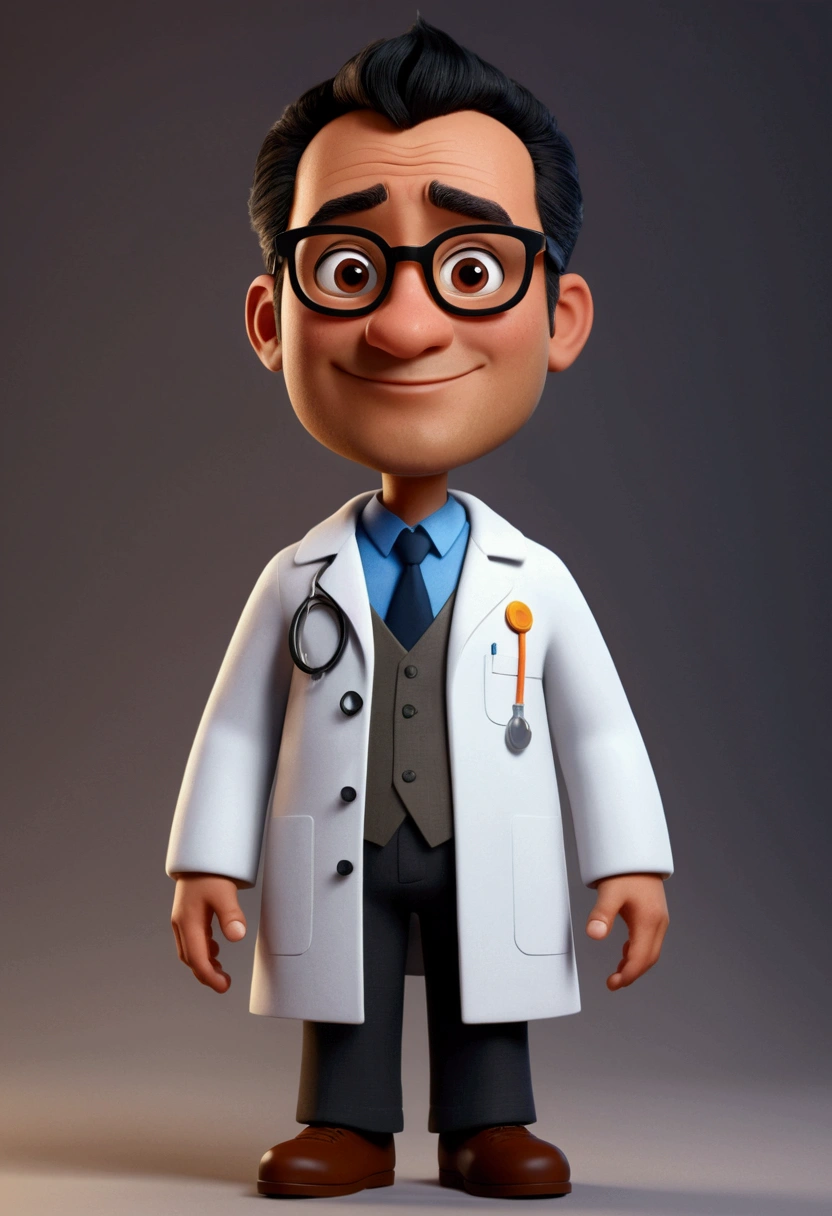 Cartoon character of a man with glasses, short and thin hair, cor do black hair with gray sides, black hair with gray sides, with entries, dark brownish brown skin, fat rounded oval face, approximately 34 years old, with an aged appearance, skin with pimple marks, animation character, wearing a labcoat, looking at a microscope, gray hair sides, stylized character, animation style rendering, 3d stylized, Arnold Maya rendering, Stylized 3D rendering, toon render screenshot, 3d character, 3d character, Stylized 3D rendering, 3D character rendering, cartoon character, Personagem de close up, character posing, (Pixar-style) (master part:1.2) (bokeh) (best qualityer) (skin detailed) (detailed texture) (8K) (Argilla) (cinematic lighting) (sharp focus) True to description,