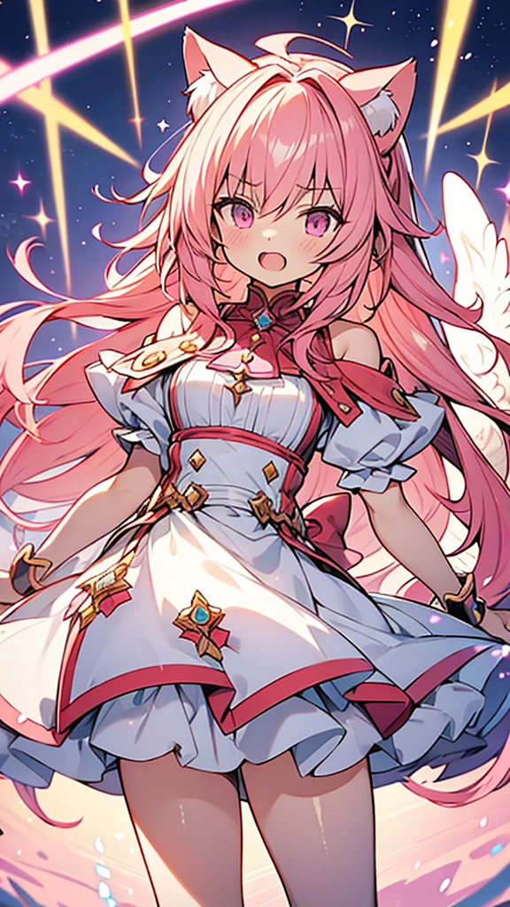 hyper precise hyper detailed illustrations,fate grand order style,1short shota,pink hair,long hair,angel halo,cat ear,cat tail,open mouth cat smile,looks like little bitch,Whip thick thighs,adult-game style magical girl costume,
