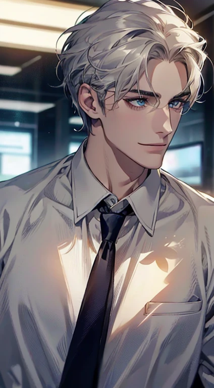 (Highest quality,4K,8K,High resolution,masterpiece:1.2),Super detailed,(Realistic,photoRealistic,photo-Realistic:1.37),1 person,31 years old,Mature Men,Beautiful skin、Profile、very handsome,Expressionless,smile,Short white hair,blue eyes,Sharp Eyes,A perfect face without a doubt,Businessman,Office Background,Cinema Lighting,HDR image,tie、