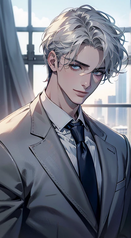 (Highest quality,4K,8K,High resolution,masterpiece:1.2),Super detailed,(Realistic,photoRealistic,photo-Realistic:1.37),1 person,31 years old,Mature Men,Beautiful skin、Profile、very handsome,Expressionless,smile,Short white hair,blue eyes,Sharp Eyes,A perfect face without a doubt,Businessman,Office Background,Cinema Lighting,HDR image,tie、