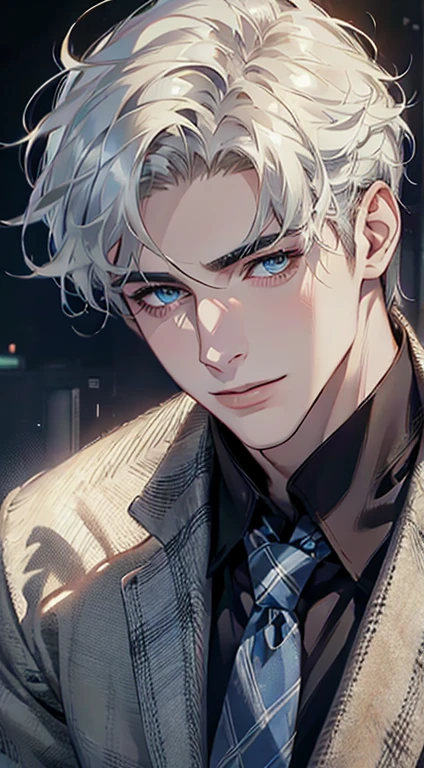 (Highest quality,4K,8K,High resolution,masterpiece:1.2),Super detailed,(Realistic,photoRealistic,photo-Realistic:1.37),1 person,31 years old,Mature Men,Beautiful skin、Profile、very handsome,Expressionless,smile,Short white hair,blue eyes,Sharp Eyes,A perfect face without a doubt,Businessman,Office Background,Cinema Lighting,HDR image,tie、
