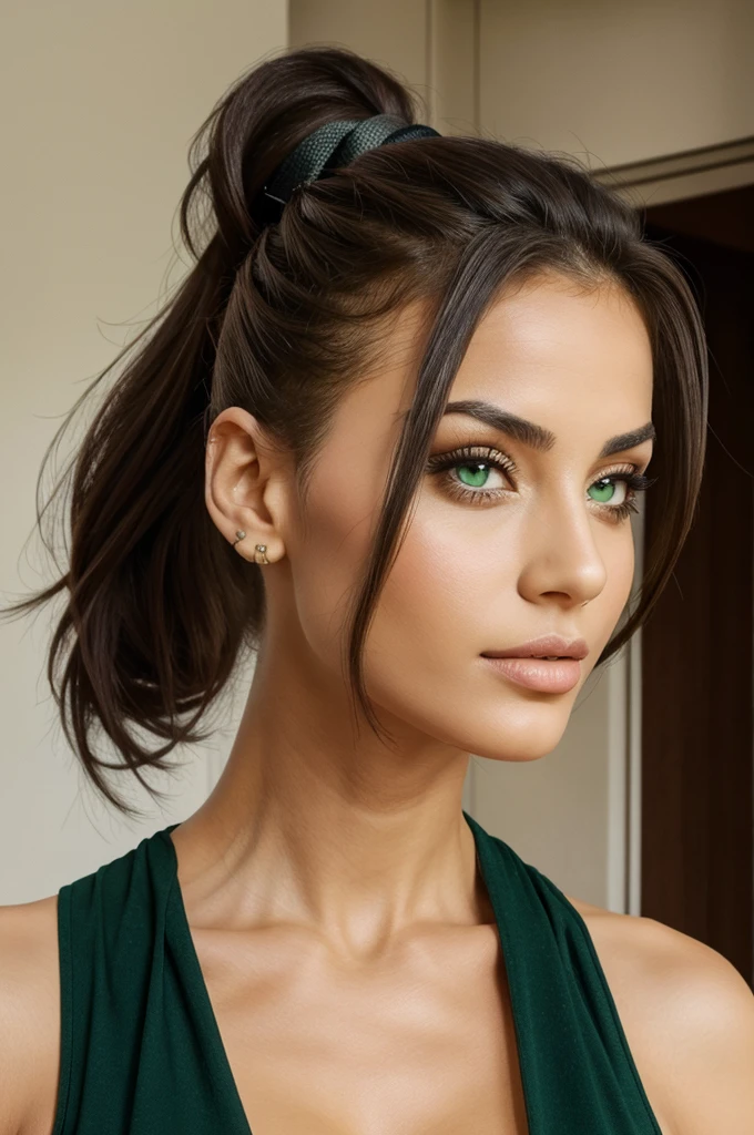 Women, mix of arabic and european, green eyes, king, hair up with a ponytail, big tits, very pretty