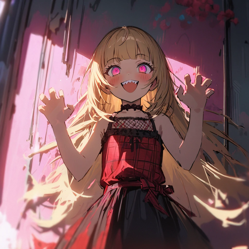((Masterpiece)), ((best quality)), (super detail:1.2),(High Definition:1.3), (Professional Photography:1.2), (very aesthetic:1.2), (absurdres:1.2), (wide shot), cinematic lighting, (sharp focus), (perfect light), ((1girl)), (Rough sketch:1.4), ((12 years old)), (❤️🖤💗💔), cute young Girl, Glossy unruly hair, (loose blunt bangs), blonde hair with red mesh, (red mesh hair), long hair, big eyes, (long eyelashes), ((jagged teeth)), colorful eyes, (Unfocused eyes), blush, ((naughty smile)), open mouth, ribbon belt, joy, (cute Plaid tanktop), barearms, ((claw pose)), (colorful:1.3), gothic makeup, Wall with graffiti of roses, 👄, ((against the Fancy pastel wall)), 8K, gothic artstyle,
