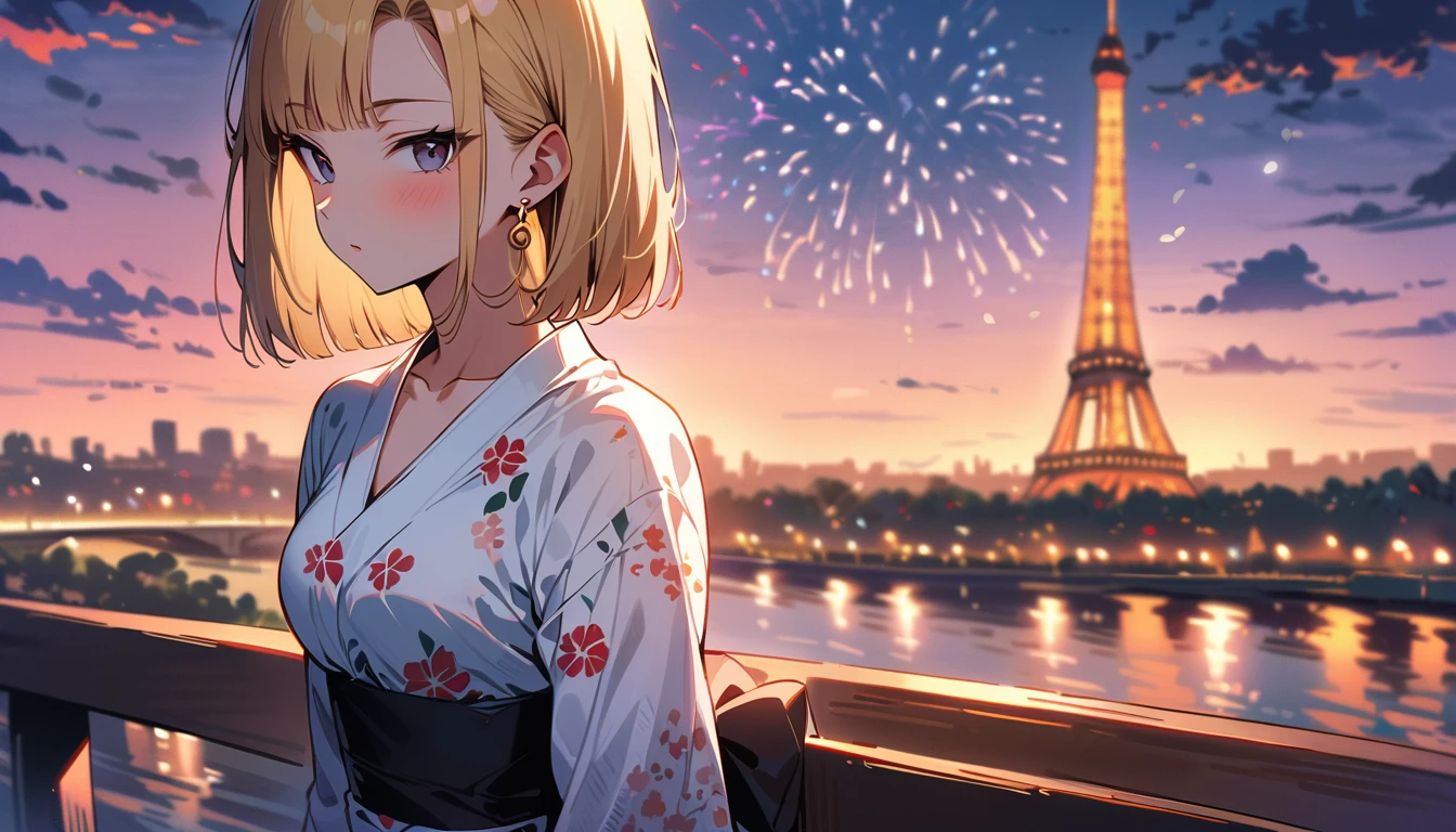 (masterpiece, best quality:1.2),1girl, (solo), Android 18 from Dragon Ball, ((floral print white kimono)), medium breasts, blunt bangs, blonde short hair, black eyes, earrings on earlobes, slim, slender feminine figure, skinny body, blush, magnificent view, blur background, 4K, the Eiffel Tower, firework, collarbone, looking at fireworks, riverside