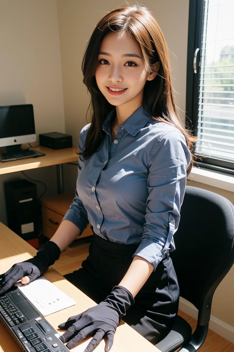masterpiece, Highest quality, Twitch-chan, Hair Clip, hair ornaments, Collared shirt, No sleeve, tie, gloves, sitting behind a desk, View your viewers, smile, wave hands, bedroom, bed, computer mouse, keyboard