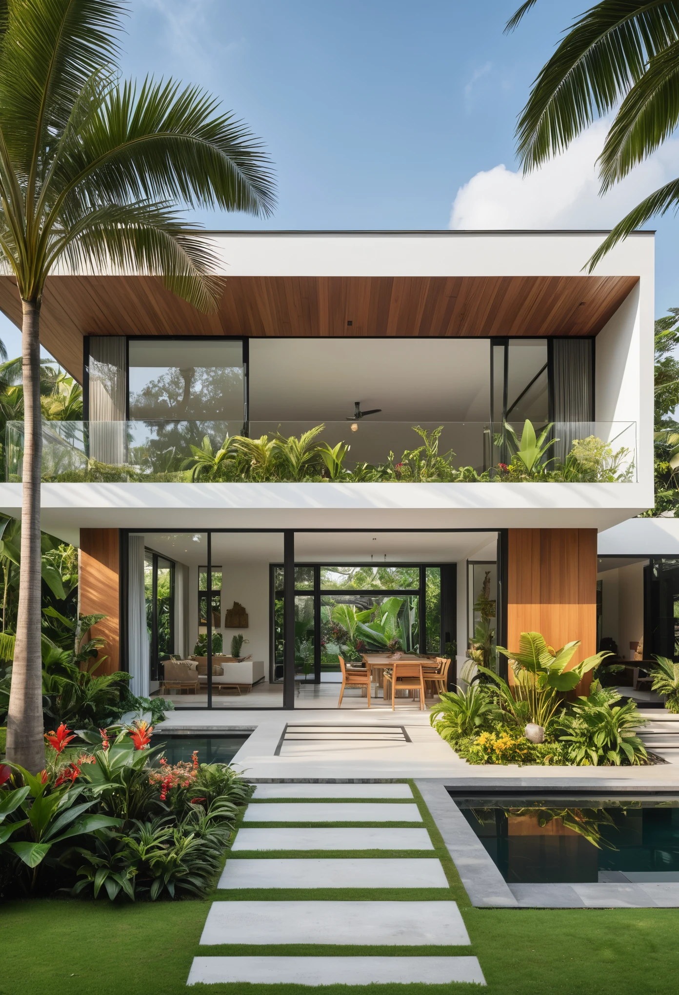 A hyper-realistic image of a modern house with a minimalist design, featuring a combination of wood and white materials. The house has a flat roof, large glass windows, and a balcony with a glass railing. The entrance is flanked by lush greenery and palm trees. There is a wooden gate in front and the garden includes various tropical plants. The overall ambiance is serene and contemporary, with detailed textures and realistic lighting, shadows, and reflections. The colors are vibrant and true to life, showcasing the natural beauty of the materials and the surrounding environment. Additionally, the house is surrounded by a well-maintained garden with various tropical plants and flowers, a clean street with a sidewalk, and a modern urban setting.
