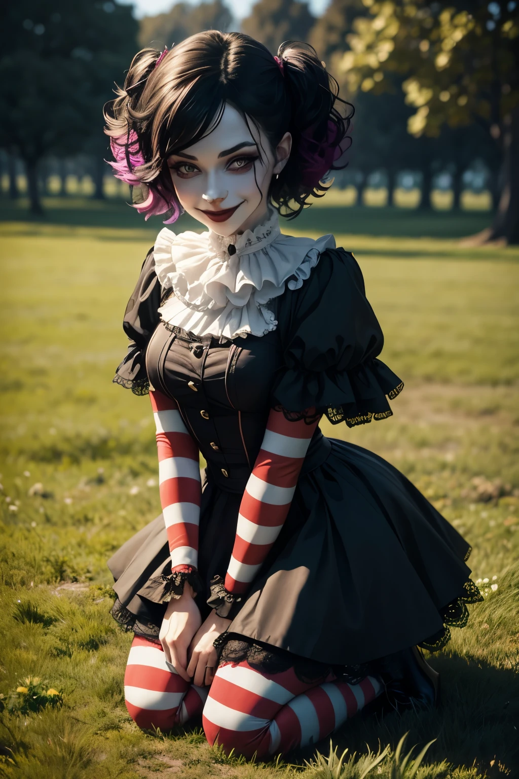 Goth clown kneeling on the grass, light smile