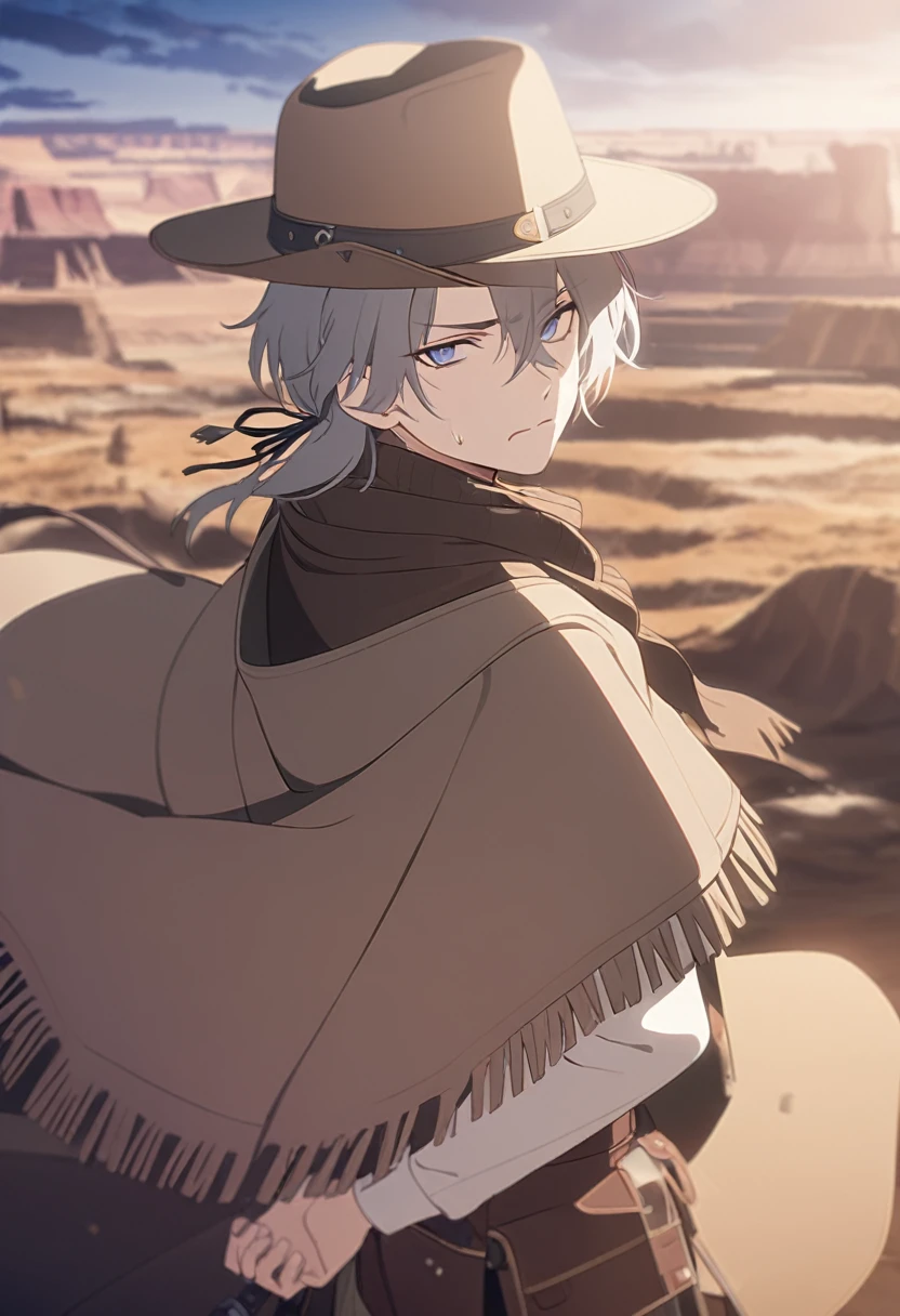 masterpiece,best quality,depth of field,8K,looking at the viewer,Dark and light gray hair,blue eyes,light brown chaps,dark brown poncho,갈색 Ten gallon hat,brown leather jumper,chic,wseifuku,male,sky,frowning,looking around,badlands,male,(charismatic eyes 1:1)