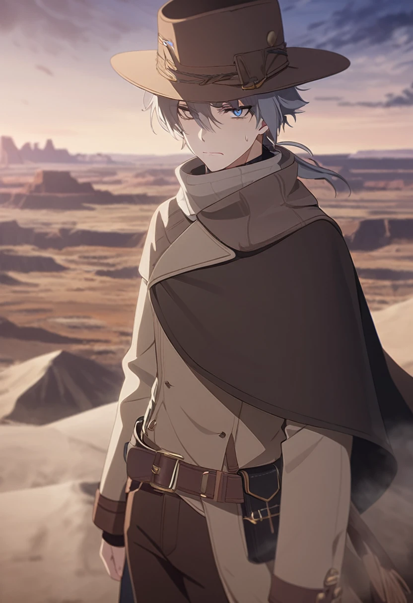 masterpiece,best quality,depth of field,8K,looking at the viewer,Dark and light gray hair,blue eyes,light brown chaps,dark brown poncho,갈색 Ten gallon hat,brown leather jumper,chic,wseifuku,male,sky,frowning,looking around,badlands,male,(charismatic eyes 1:1)
