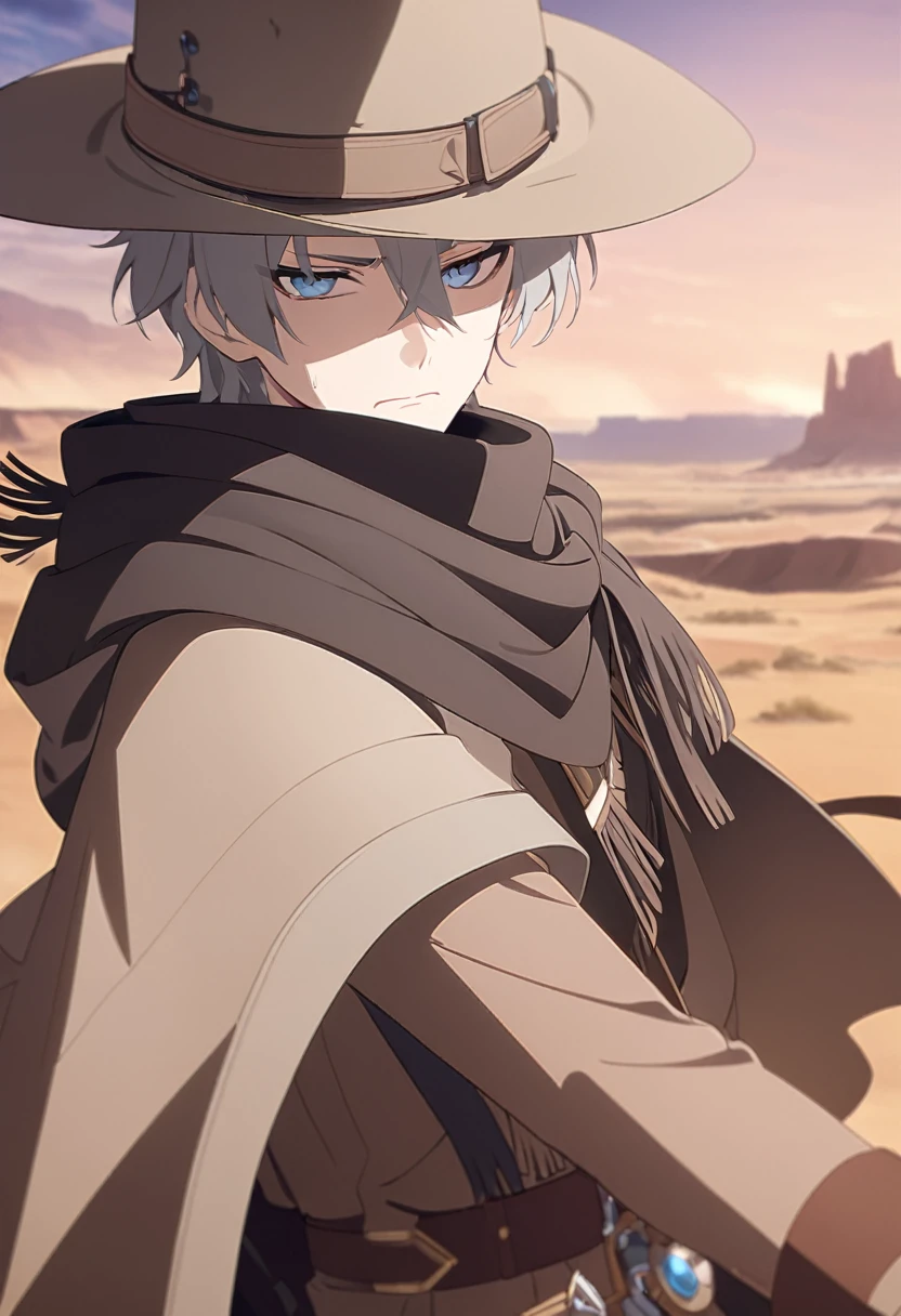 masterpiece,best quality,depth of field,8K,looking at the viewer,Dark and light gray hair,blue eyes,light brown chaps,dark brown poncho,갈색 Ten gallon hat,brown leather jumper,chic,wseifuku,male,sky,frowning,looking around,badlands,male,(charismatic eyes 1:1)