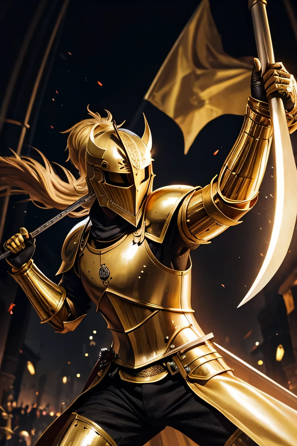 Masked golden knight, While swinging the sword. The knight&#39;s armor、Exquisitely decorated with shining gold plate and ornate carvings。. This scene、It captures the dynamic movement of the swing.。, The sword glitters in the light. The background is dramatic, A dark landscape reminiscent of a stormy sky, Increase the intensity of the moment. The knight&#39;s posture is powerful.、Full of determination, Emphasizes strength and courage.