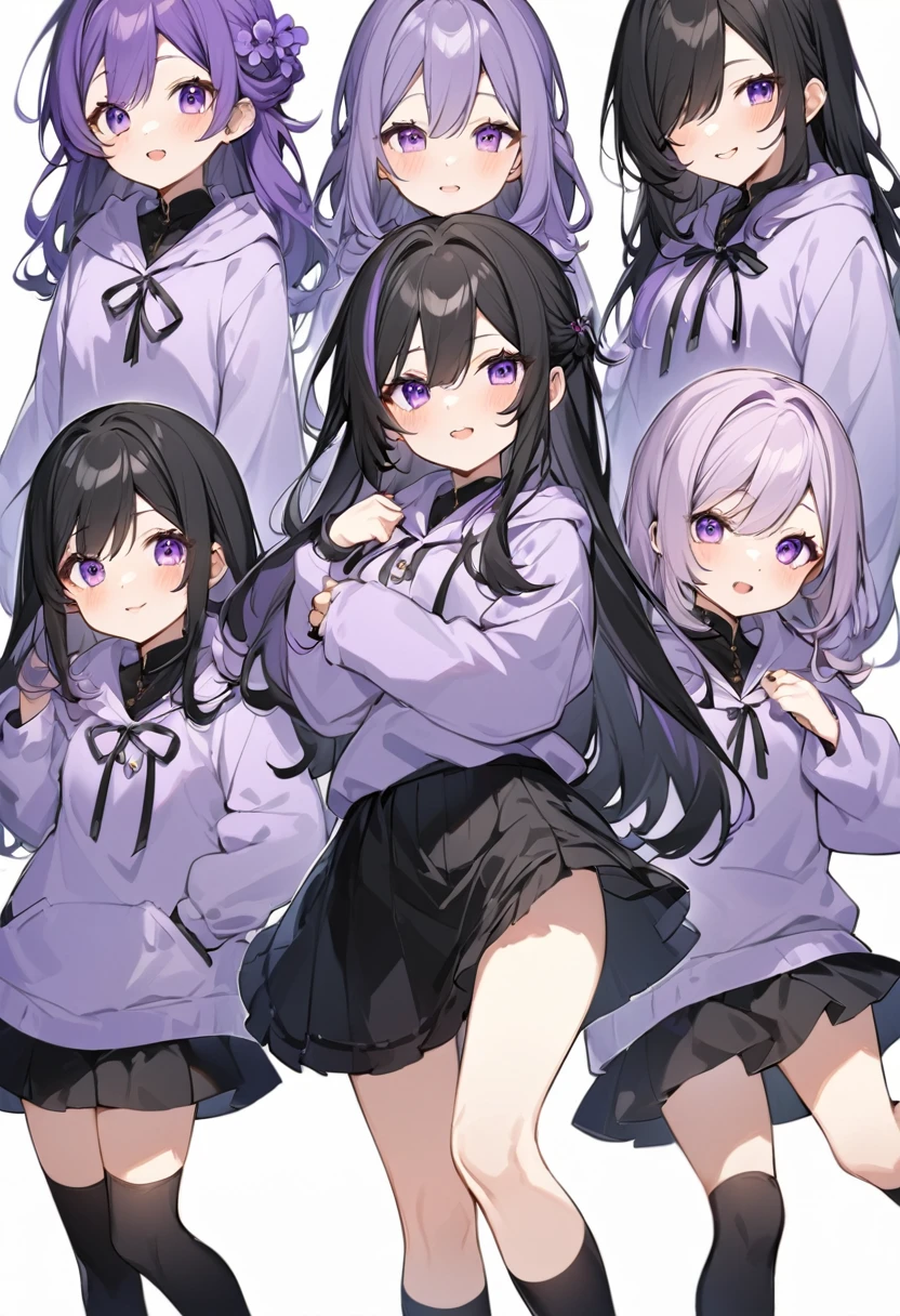 Keito。Purple hoodie。Black Skirt。Purple Eyes。Black Hair。Black shoes下。Black shoes。6 sistery eldest daughter has lavender hair.。all female。Sextuplets