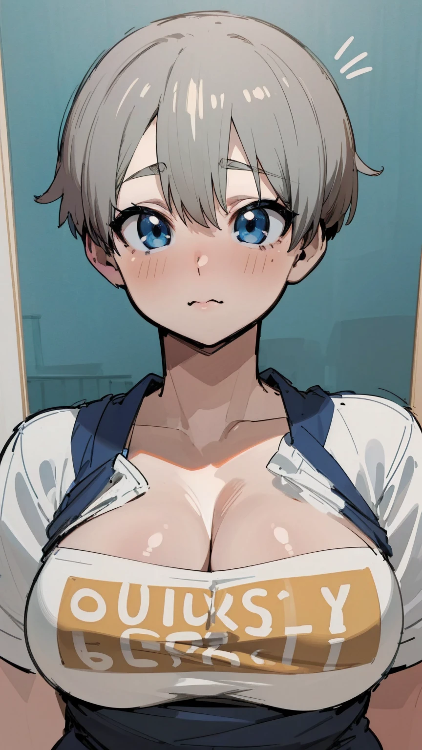 masterpiece, best quality, ultra-detailed, Potrait of beautiful , (chubby) (muscular), (plump), (sexly), (cleavage), (Breasts), (Plump), ((very short hair)), ((Uzaki Hana)), (overweight), (Gray Hair), ((Saggy breasts)), (blue eyes), (Short Hair), (blue eyes), ((thick)), (school uniform)