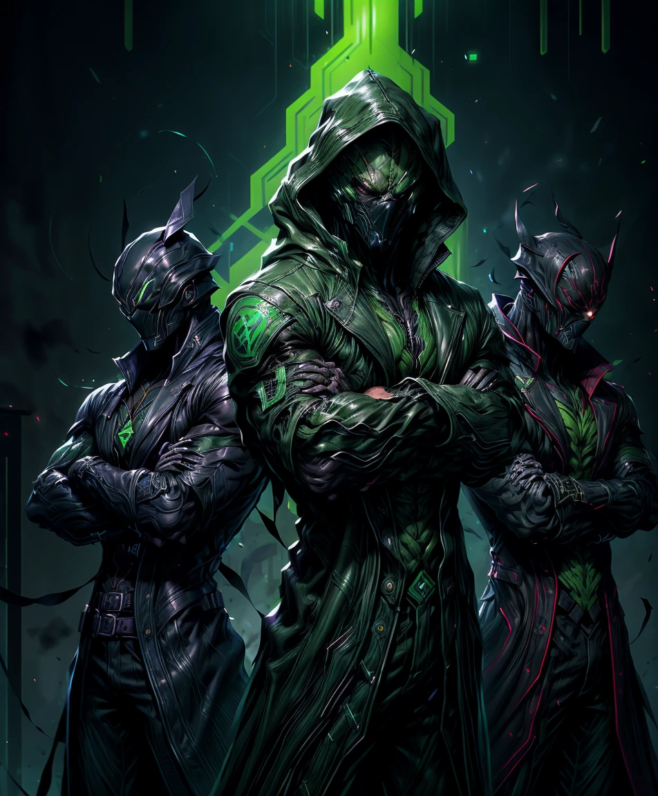 a man in a green jacket and black pants standing in a dark room, wearing cultist green robe, green attire, character from mortal kombat, as a character in tekken, fighting game character, cyberpunk assassin, green hooded mage, cyberpunk outfits, green clothes, the green ninja, wearing leather assassin armor, an edgy teen assassin, cool green jacket, cyberpunk street goon
