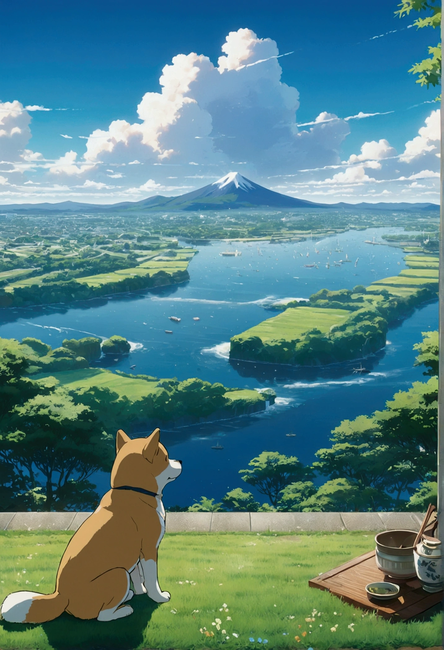 Makoto Shinkai Taste, Beautiful Landscape, Shiba Inu Puppy, Healing scenes, hope, Detailed Description, Asahi, Angle from afar, Nostalgic, anime,