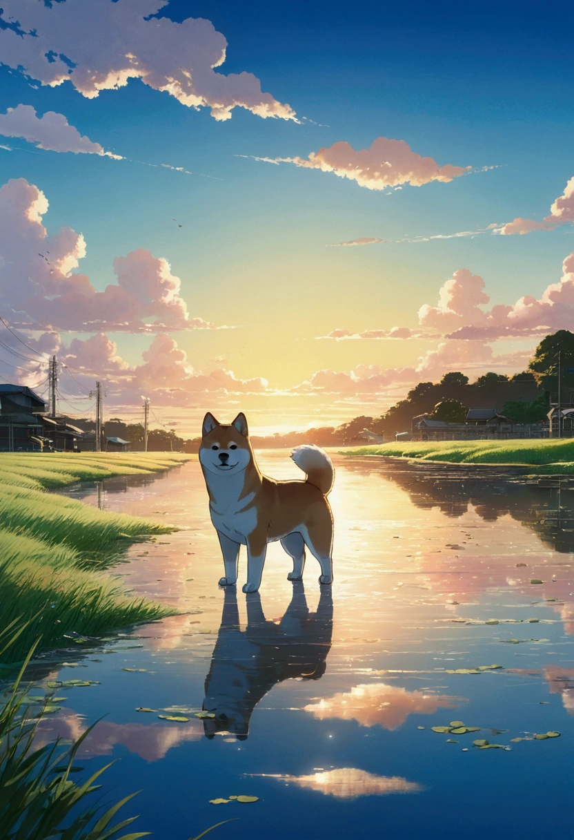 Makoto Shinkai Taste, Beautiful Landscape, Shiba Inu Puppy, Healing scenes, hope, Detailed Description, Asahi, Angle from afar, Nostalgic, anime,