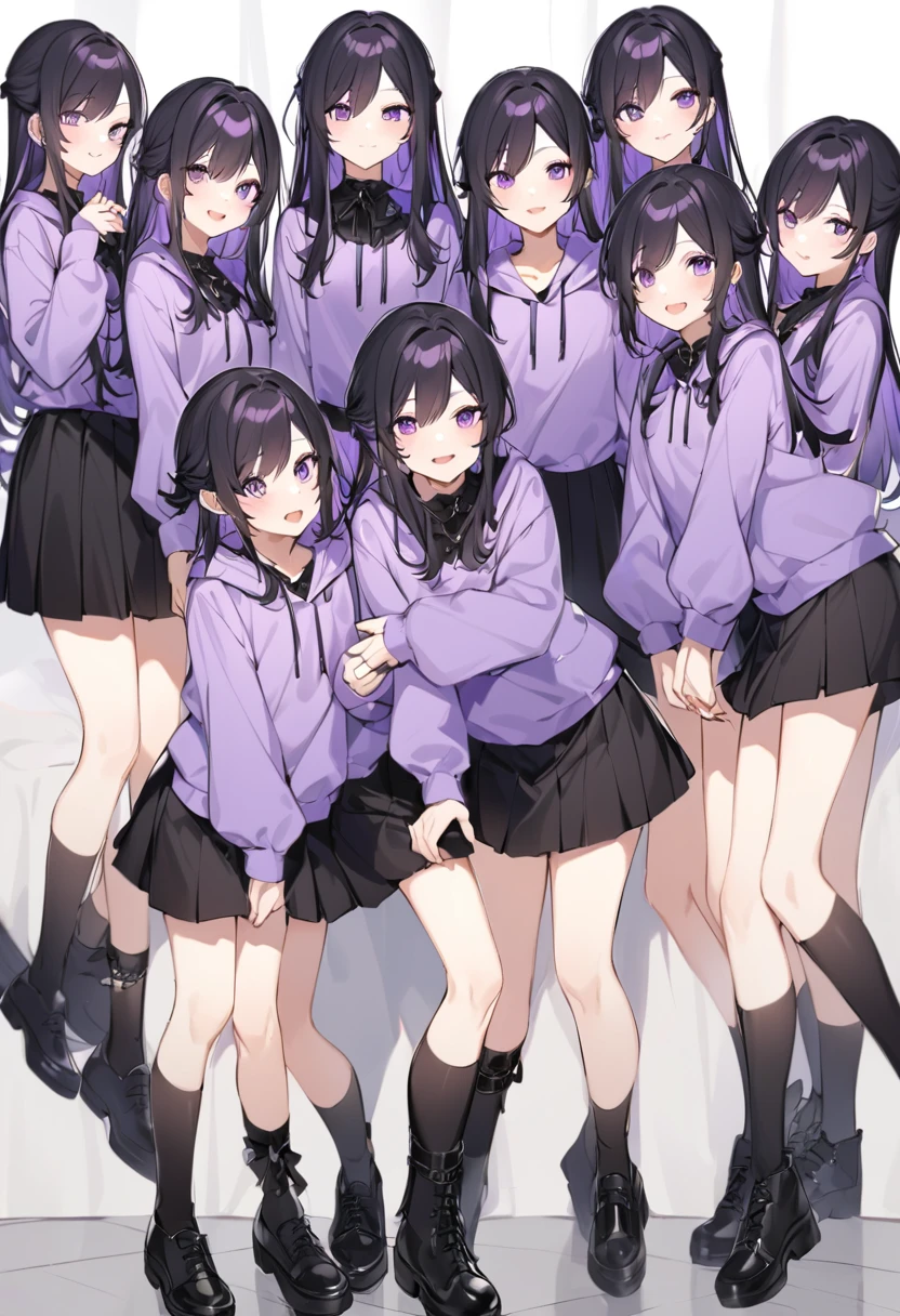 Keito。Purple hoodie。Black Skirt。Purple Eyes。Black Hair。Black shoes下。Black shoes。6 sistery eldest daughter has lavender hair.。all female。Sextuplets