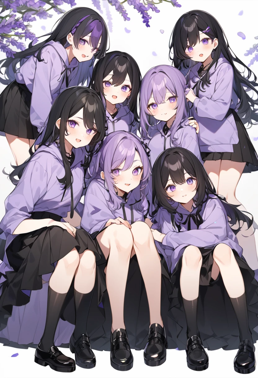 Keito。Purple hoodie。Black Skirt。Purple Eyes。Black Hair。Black shoes下。Black shoes。6 sistery eldest daughter has lavender hair.。all female。Sextuplets