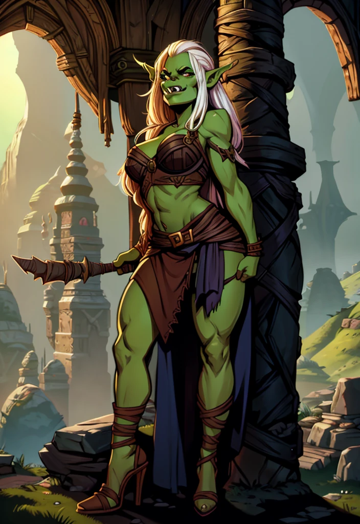 UHD  8k, HDR+, a cartoon of a woman with a green face anD white hair, goblin girl DnD character, goblin female portrait, green skin, Drak fantasy goblin, green orc woman, goblin art, D&D goblin rogue, full color illustration, Dжули Белл Бипл, orc themeD, female orc, goblin, epic full color illustration, from pathfinDer, full art illustration, high heels, high heel shoes