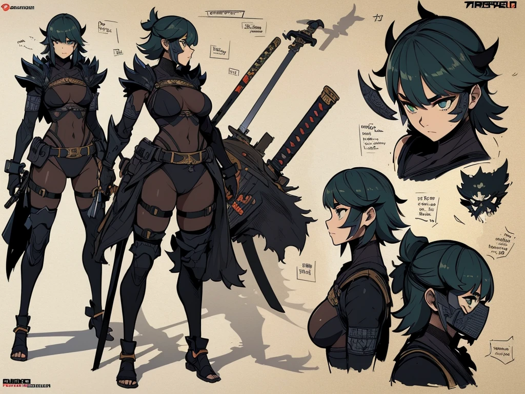 (masterpiece), best quality, high quality art, very detailed texture, super detailed picture high detail texture, high texture detail, super detailed render, hd detailed texture, 1Girl, standing, master piece, full body character concept, full body character design, full body concept art, Samurai, face hidden by Armor helmet shadow, Gray armor, Green tattoo, swordman, detailed Armor Japan, Samurai, beside there is a Katana, green symbol, full Gray Armor japan, big boob, various expression, front back and side view of character