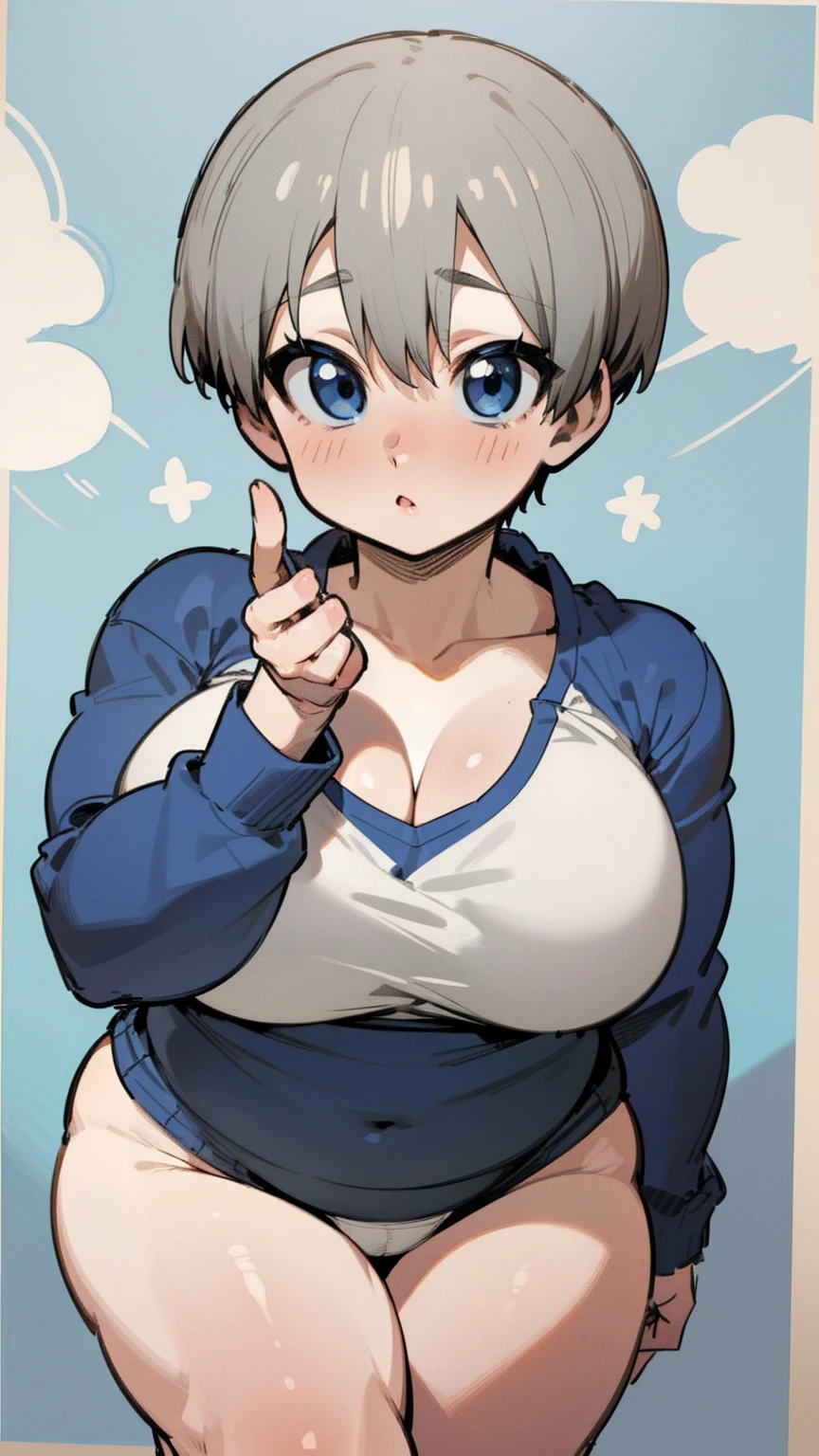 masterpiece, best quality, ultra-detailed, Potrait of beautiful , (chubby) (muscular), (plump), (sexly), (cleavage), (Breasts), (Plump), ((very short hair)), ((Uzaki Hana)), (overweight), (Gray Hair), ((Saggy breasts)), (blue eyes), (Short Hair), (blue eyes), ((thick)), (school uniform)