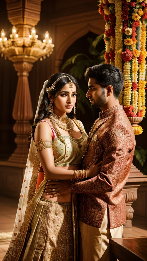 a beautiful bride and groom in traditional indian wedding attire, sari, kurta, colorful floral decorations, vibrant flower garlands, ornate jewelry, intricate henna patterns, ornate indian architecture, extremely detailed hands and faces, (best quality,4k,8k,highres,masterpiece:1.2),ultra-detailed,(realistic,photorealistic,photo-realistic:1.37),HDR,UHD,studio lighting,ultra-fine painting,sharp focus,physically-based rendering,extreme detail description,professional,vivid colors,bokeh,landscape