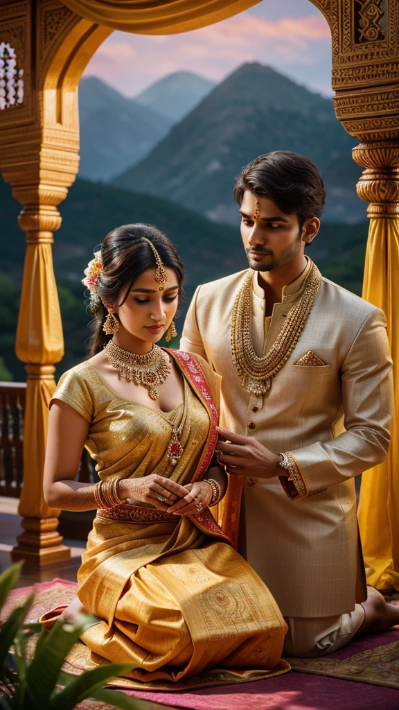 a beautiful bride and groom in traditional indian wedding attire, sari, kurta, colorful floral decorations, vibrant flower garlands, ornate jewelry, intricate henna patterns, ornate indian architecture, extremely detailed hands and faces, (best quality,4k,8k,highres,masterpiece:1.2),ultra-detailed,(realistic,photorealistic,photo-realistic:1.37),HDR,UHD,studio lighting,ultra-fine painting,sharp focus,physically-based rendering,extreme detail description,professional,vivid colors,bokeh,landscape 