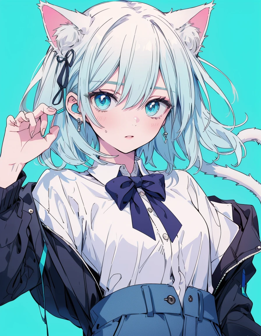 shirt, Denim points, whole body, ((masterpiece, Highest quality:1.5)), ((Beautiful and detailed cat aqua eyes:1.2)), Cat ear, Pale skin, Small breasts, Easy Negative