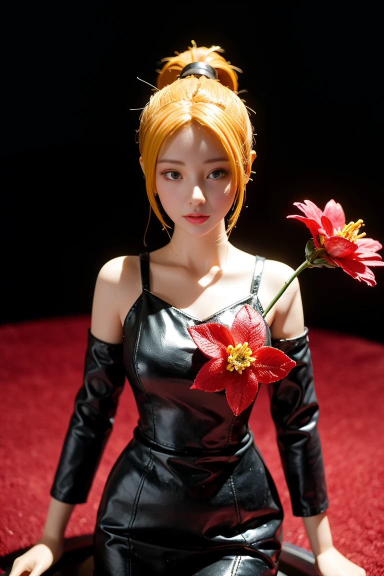 myself, yellow_student, +_+, black_hair, expensive_ponytail, red_flower_hair_ornament, masterpiece, Highest quality, Super detailed, figure, alone, One girl