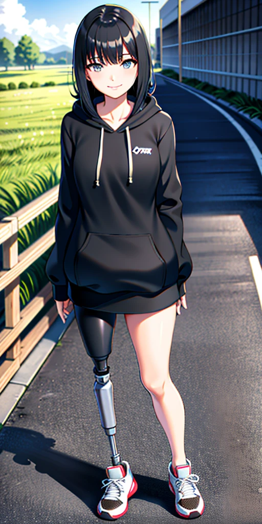 best quality, 1girl, solo, standing, outdoors, medium hair, black hair, straight hair, looking at viewer, medium breasts,  (prosthetic leg:1.2), full body, smiling, two prosthetic legs, sneakers, lycra skirt, oversized_hoddie, black oversized_hoddie. 