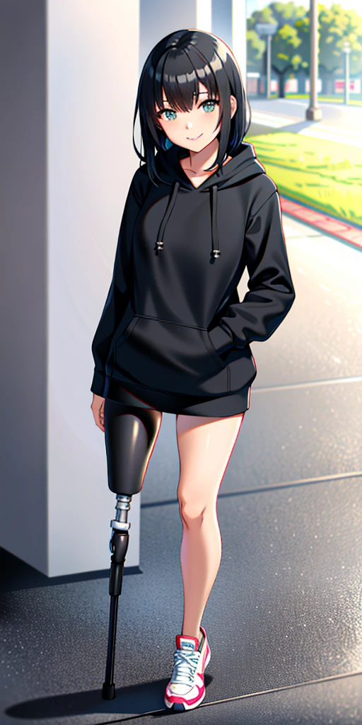 best quality, 1girl, solo, standing, outdoors, medium hair, black hair, straight hair, looking at viewer, medium breasts, (prosthetic leg:1.2), full body, smiling, two prosthetic legs, sneakers, lycra skirt, oversized_hoddie, black oversized_hoddie.