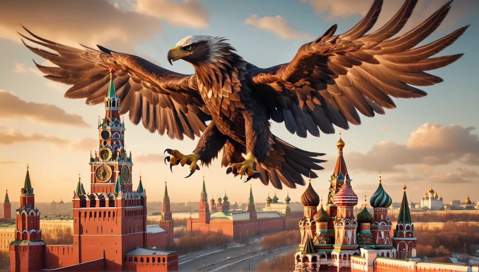 Gigantic Twin-Headed Eagle Over the Kremlin
- Early morning, golden sunrise.
- Clear skies with scattered clouds.
- Moscow, Russia.
- Detailed, iconic red-brick Kremlin towers, especially Spasskaya Tower with clock and ruby star.
- Enormous, intimidating twin-headed eagle, with sharp, piercing eyes, large shimmering wings, and majestic presence.
- Eagle is flying low over the Kremlin, making the towers look small in comparison.
dragon invasion of moscow, by Alexander Kucharsky, by Igor Grabar, flying mythical beasts, 3 d render and matte painting, sergey zabelin, by Serhii Vasylkivsky, imperial russia, russia in 2 0 2 1, gryphon, by Fyodor Rokotov, Ultrarealistic Photography, trending on Flickr, trending on pinterest, insanely detailed and intricate, Lifelike, Authentic, True-to-life, Genuine, Natural, Cinematic Lighting, Dramatic, Theatrical, Atmospheric, Evocative, Mood-setting, Award Winning Photography, Acclaimed, Recognized, Celebrated, Honored, Prize-winning, Sharp Focus, Crisp, Clear, Precise, Well-defined, Distinct, Masterpiece Photography, Iconic, Exceptional, Extraordinary, Stunning, Magnificent, Studio Photography, Controlled, Polished, Professional, Refined, Perfected, Nikon, High-quality, Reliable, Durable, Precision-engineered, Cutting-edge, No Filter Photography, Natural-looking, Unedited, Raw, Authentic, True-to-life, 8K Photography, High-resolution, Crystal-clear, Ultra-detailed, Immersive, Cutting-edge, Realistic Skin Texture, Lifelike, Natural-looking, Authentic, True-to-life, Genuine, Photorealistic,