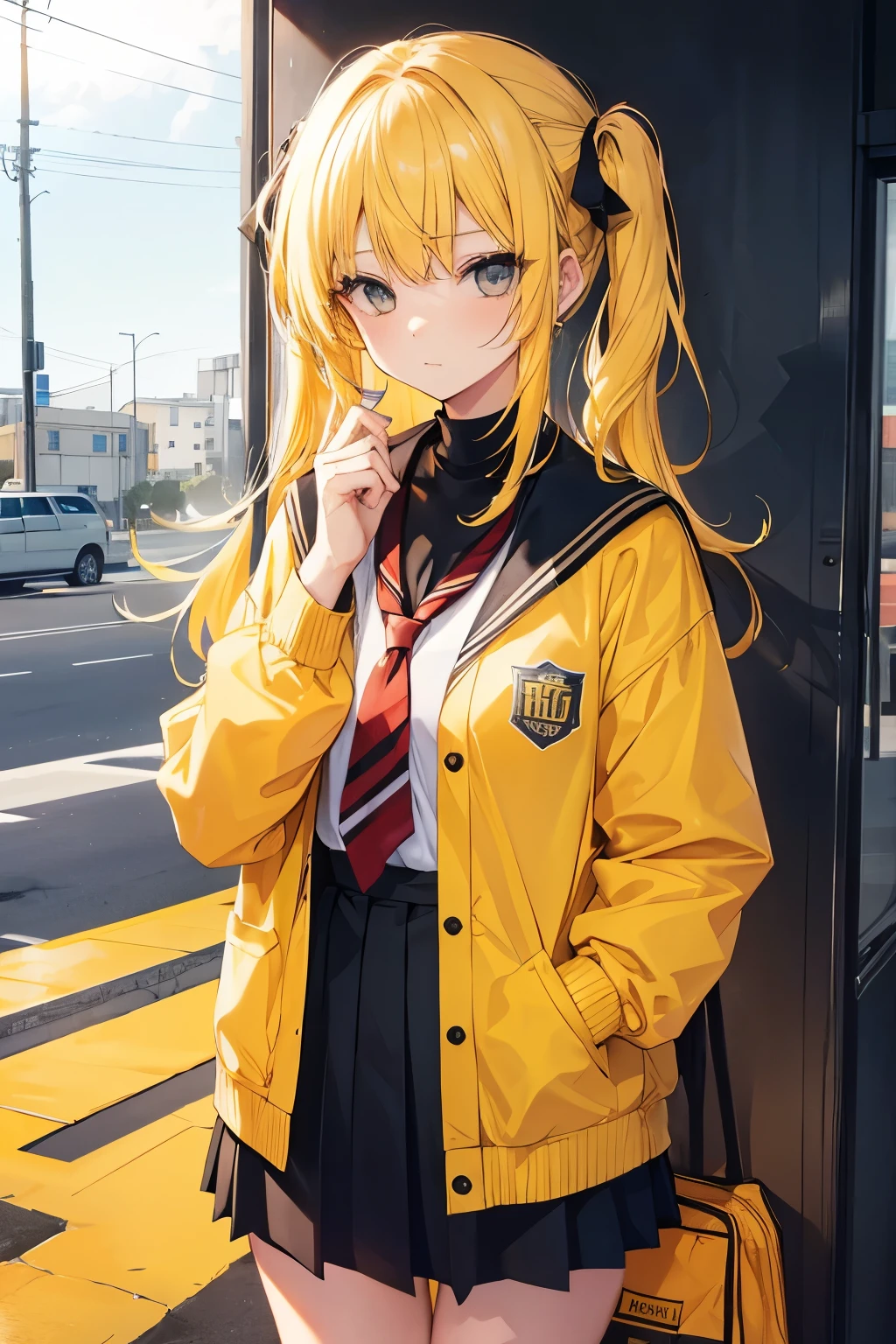 a 17 year old girl wearing high school school clothes, yellow hair, black eyes