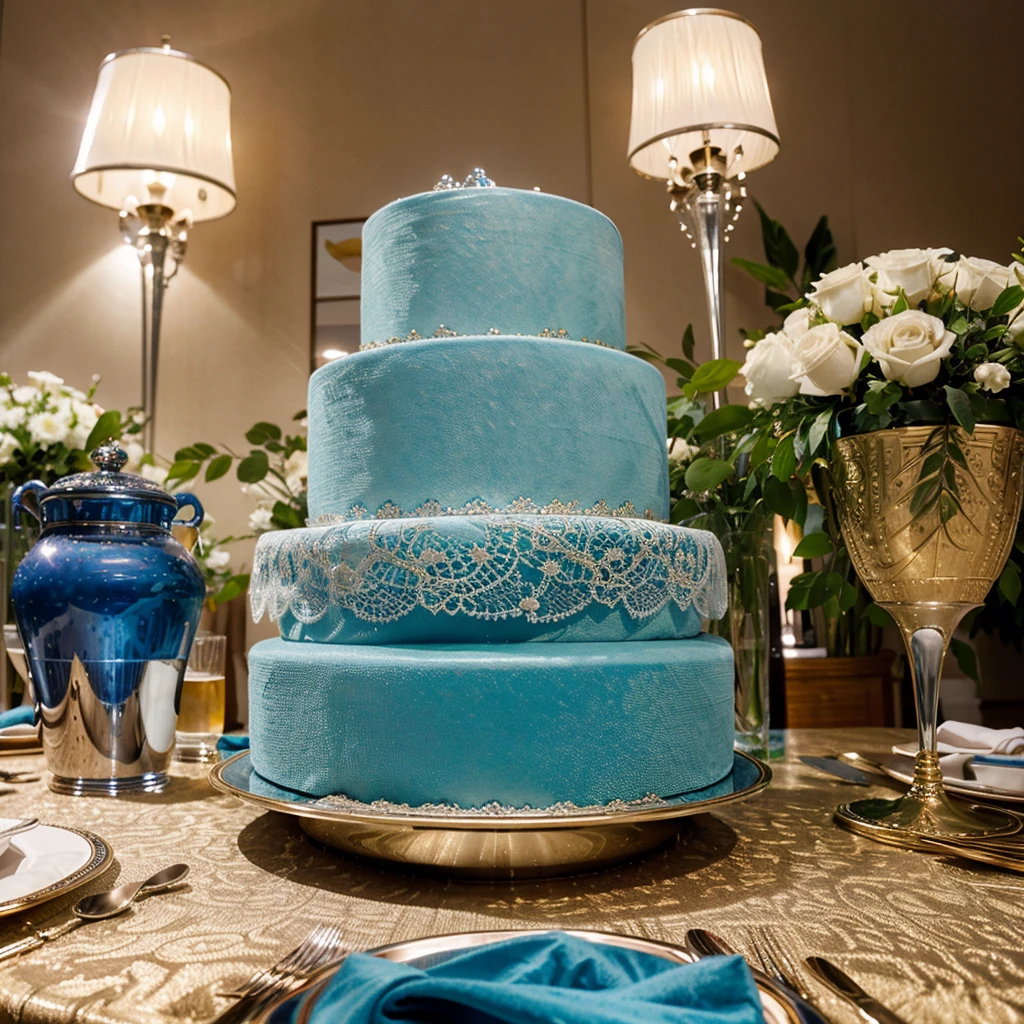 A photorealistic image of a luxuriously set table in a prestigious hotel dining room. The table is covered in a light blue tablecloth focus on the intricate details of the table setting, including crystal glasses