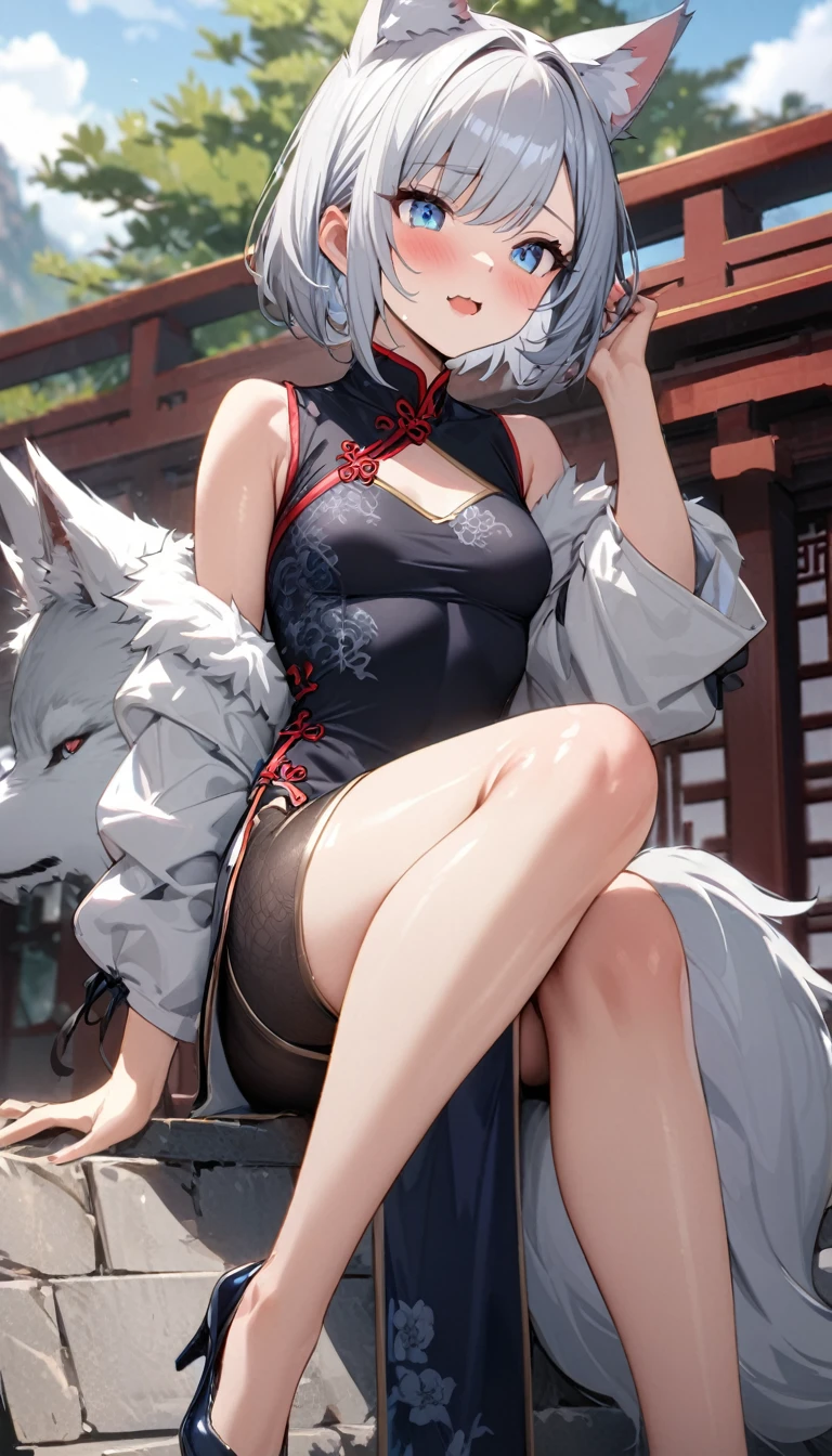 (Fox Girl, Fox Ears, Silver Hair, Fox Makeup, One Girl, Long Hair:1.6), (kimono, Open-chested clothing, Black leotard, I can see her cleavage, Open chest, Skin is visible:1.8), (Body measurements are 75-60-75!, Young girl body, Small breasts, Small breasts, Emphasize the chest, Playing with shuttlecock:1.9), Avatar, face, lewd face, Dominant representation, naughty face, Uplifting, Skin Texture, outside, Grassy field