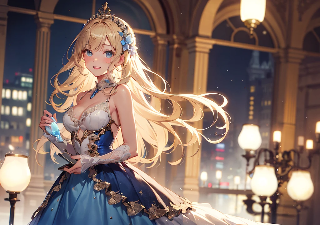 Realistic photos, Focus distance 10mm, Red and white, A big smile, Beautiful girl, Realistic photos, Focus distance 10mmで撮影, masterpiece, 最high quality, high quality, Very detailed CG 8k wallpaper unit, Award-winning photography,  Depth of written boundary, High resolution, bloom, chromatic aberration, Realistic, Very detailed, Art Station Trends, CGsociety Trends, Complex, High detail, dramatic, Art on the go, volumetric lighting, A beautiful girl with long, flowing blonde hair, wearing a sparkling blue gown, inspired by Disney's Cinderella, standing in a grand ballroom with a glass slipper in her hand