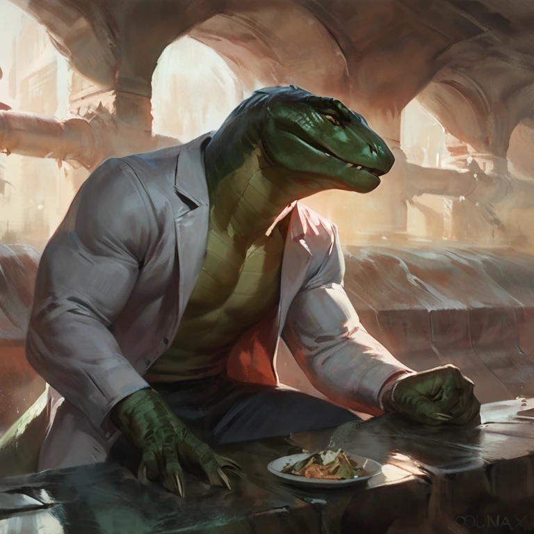 The lizard from spiderman, muscular, sewer, torn pants, torn lab coat, ferocious, concept art, hi res, masterpiece, absurd res, 2023, extreme detail, solo, by nomax, by oouna, by darkgem, restaurant, sitting, food on table