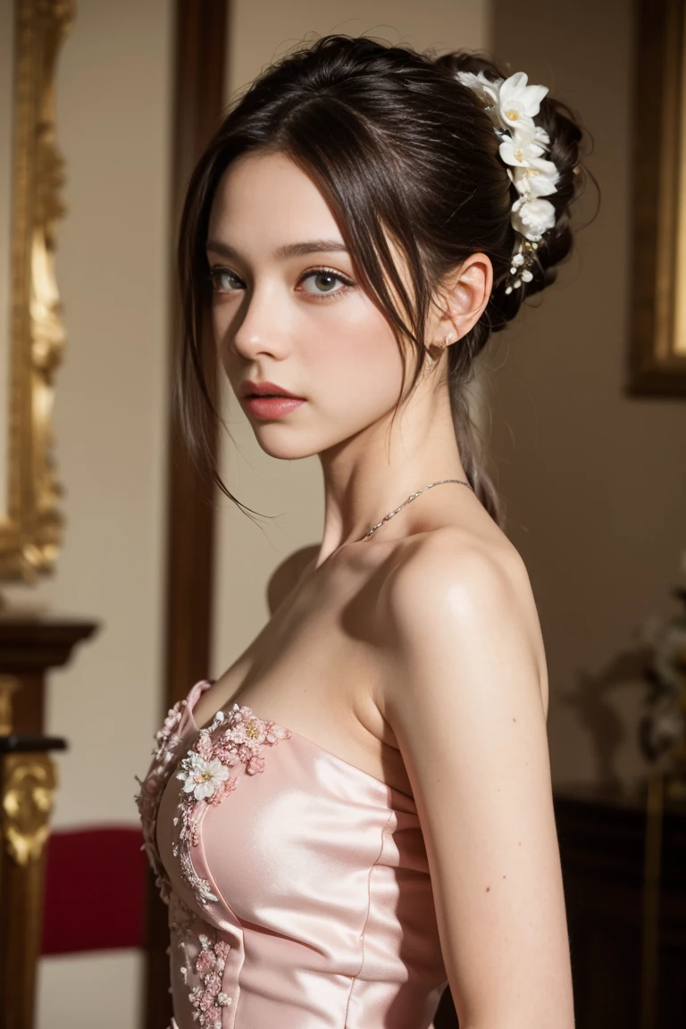 woman, Severe, Warrior, armor, elegant, Pink Dress, Aristocratic, silver element, Long nails, Bare shoulders, Hairstyle, Put your hair up, Braids and ponytails, Messy, arrogant, Absurd, Detailed dress, Royalty, celebration, Hall decorated with flowers, Cowboy Shot, Portraiture, (Highest quality), (masterpiece), (Very detailed), (4K)