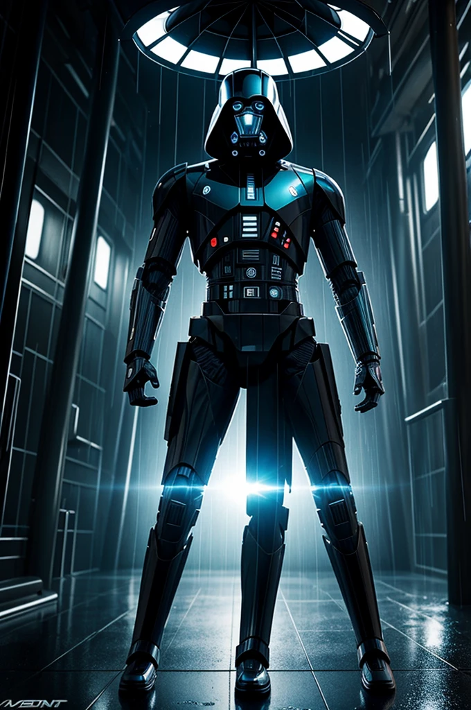 futurist, epic, high quality, high performance, detailed shadows, falling rain, hooded droid looking forward posing in an unknown but very futuristic environment.