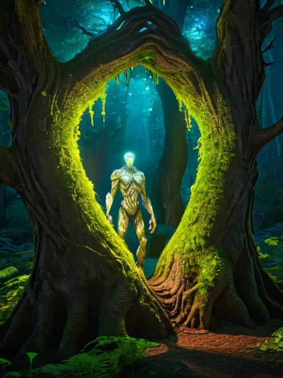 In the enchanted forest of light and shadow, a luminous Golem emerges from the heart of a bioluminescent tree, its stone body shimmering with an otherworldly glow., textured skin, super detail, masterpiece, highres, 16k