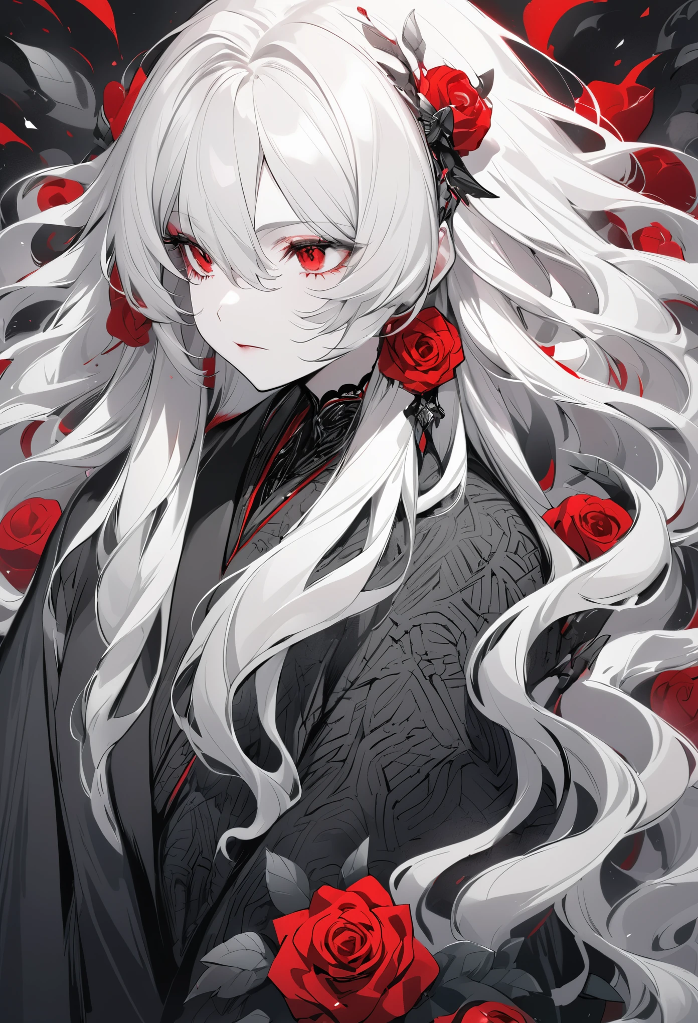 Hand drawn illustrations,Texture Noise,A woman,White long hair,Wearing a black robe with dark patterns,The body is supported by red roses,Strong contrast,Black and White