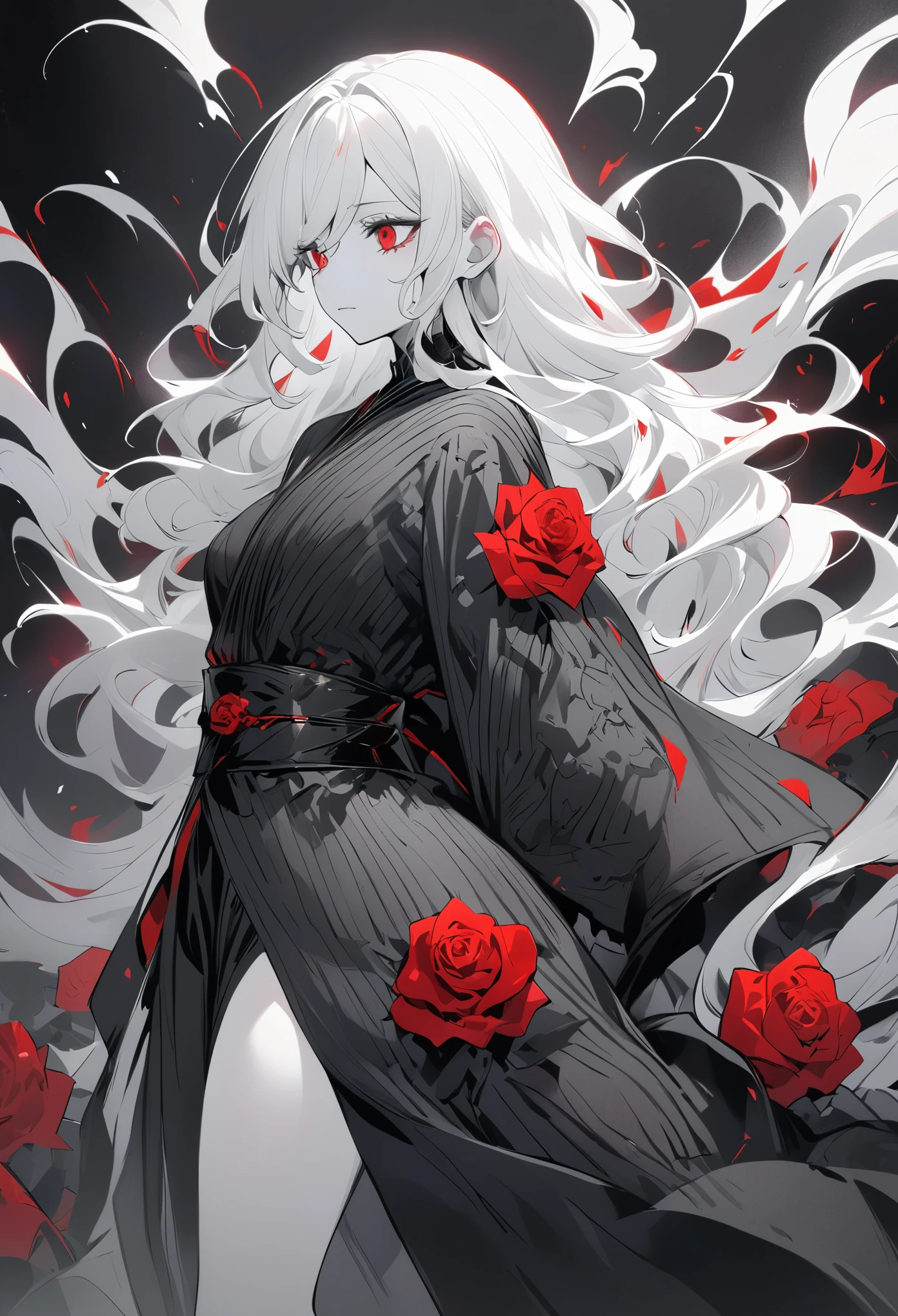 Hand drawn illustrations，Texture Noise，A woman，White long hair，Wearing a black robe with dark patterns，The body is supported by red roses，Strong contrast，Black and White