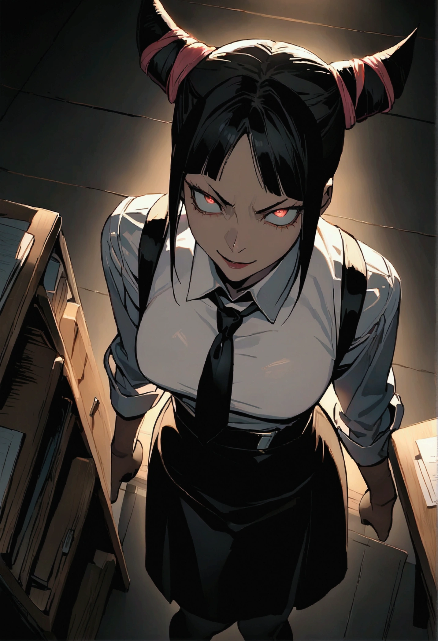 Juri Han, artwork, fitted white secretary shirt with black tie, black high-waist skirt, skirt short,sock, Bblack hair, blackstockings,evil smile,DESK,bangs on the eyes,lighting,horn of hair,from above view,staring overhead