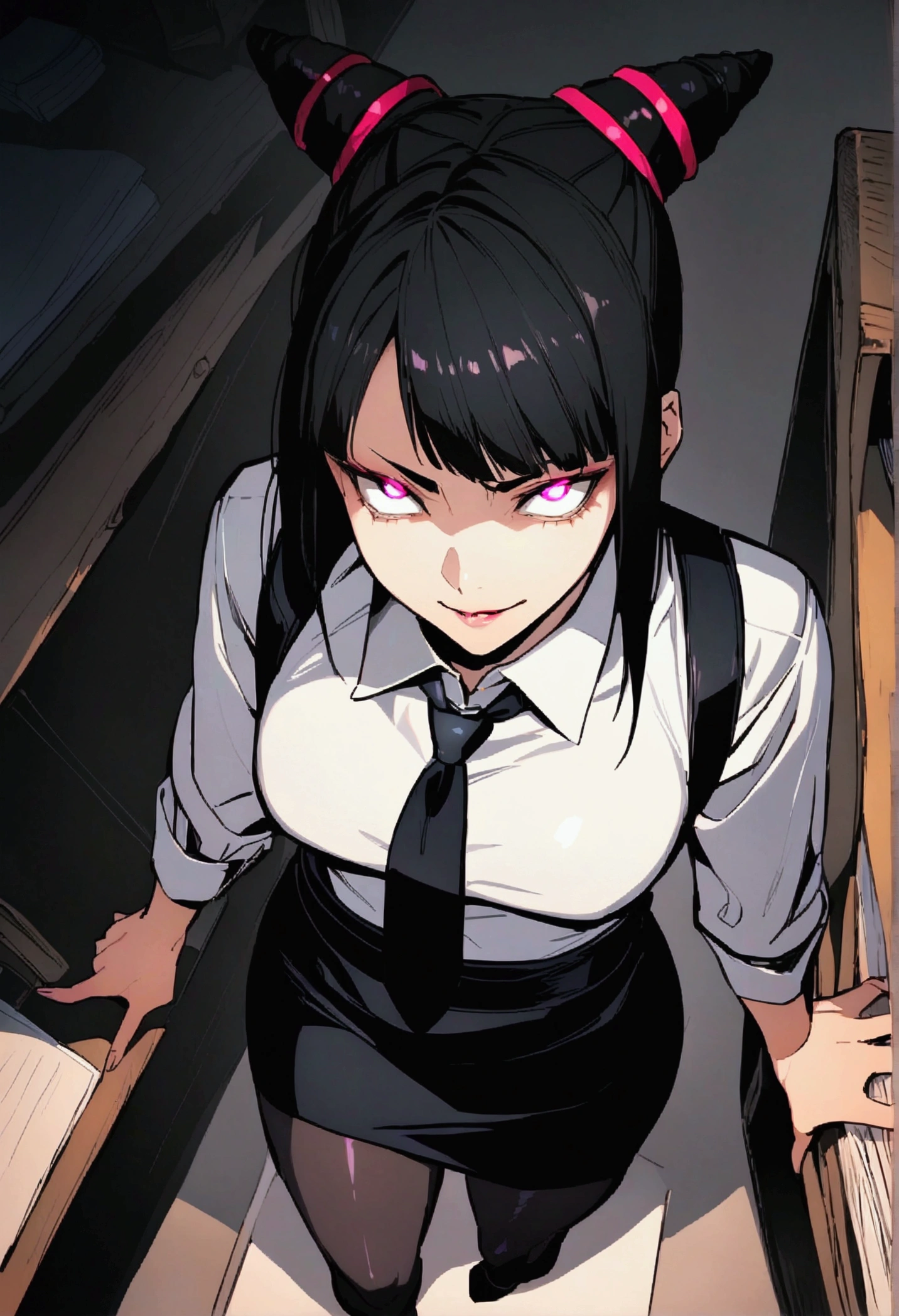 Juri Han, artwork, fitted white secretary shirt with black tie, black high-waist skirt, skirt short,sock, Bblack hair, blackstockings,evil smile,DESK,bangs on the eyes,lighting,horn of hair,from above view,staring overhead
