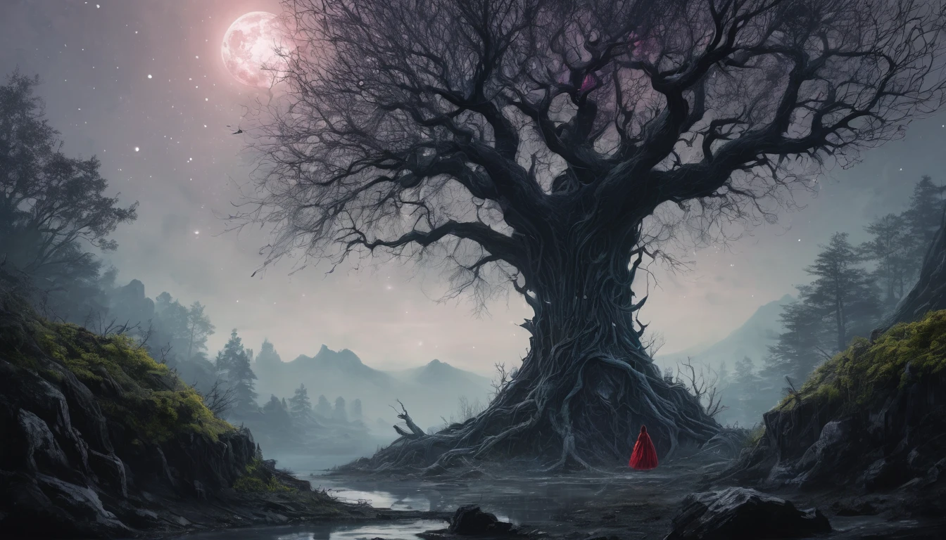 (orc:1.5),(devil theme:1.5),(dark horror theme:1.5),(thriller:1.5),(inspiration from Stephen King:1.5),(dark fantasy:1.5), (ink and watercolor painting:1.5), (black and white color:1.5), (ominous landscapes:1.5),(A large number of stars fly towards the viewer:1.5),(ruined:1.5),(ruined village:1.5),(1800s:1.5), (ruined theme:1.5),(lots of flying dust:1.5),(puddle:1.5),(Unpaved roads:1.5),(absurderes:1.5),(fantastic:1.5),(best quality:1.5),(masterpiece:1.5),full body length,Quartz Lepidolite babygirl in red dress,pretty face,full body shot,ominous landscape,Fluorite chrysocolla atmosphere,by art Simon Stalenhag,Nicola Samori,Wangechi Mutu,prime colors,extremely detailed,masterpiece,intricate details,faded,eyes extremely detailed, high detailed eyes,4k resolution,RAW, Nikon Z9,scary town,full body length,evil ghost, Winnie-the-Pooh Iridescent,intricate details,Stone Forest in Yunnan Province of China,ultra-detailed,dark and eerie atmosphere, ethereal presence, hauntingly beautiful, ghostly figures, swirling mists, supernatural entities, demonic essence, shadowy forms, eerie whispers, sinister aura, hauntingly pale skin, dark and twisted branches, flickering candlelight, macabre elements, mysterious and enigmatic, spectral apparitions, gothic art style, hauntingly captivating, spectral realm, hauntingly melancholic, otherworldly beauty, ethereal glow, hauntingly haunting, chilling and atmospheric, eerie and ominous lighting.Female tree man,Impresionismo,starlight color,Fantastic lighting,Ethereal atmosphere,otherworldly charm,Mystic aura,Glowing flowers,floating petal,majestic vines,Glowing Leaves,with a calm expression,Complicated details,Exquisite features,petals in her hair,Light of the sky,harmonious colorystic energy,Surreal atmosphere,Amazing Cleavage,Sublime art,vibrant tones,captivating creation, (hanged people hang from the tree)